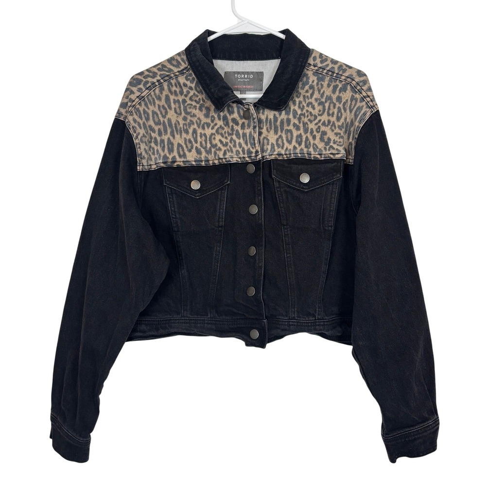 Torrid Leopard Denim Jacket 1X Black Mob Wife Cropped Trucker Edgy Punk